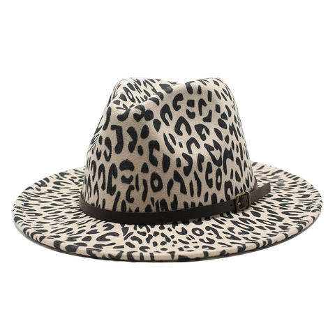 Fedora Hoed Met Luipaardprint Vilt Brede Rand Jazz Pet Met Riemgesp Vintage Mode Voor Dames Heren