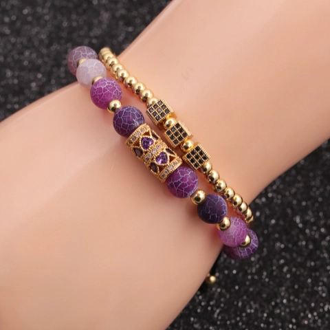 Bracelet Perles Double Couche Pierre Désagrégée Violette Micro Pavé Zircon Breloques Cube Bijoux Bohèmes Ajustables
