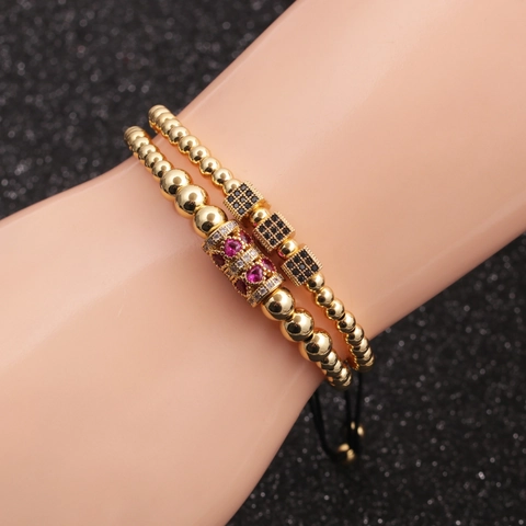 Pulseras Apilables Cuentas De Cobre Circón Micro Pavé Cubo Geométrico Dijes De Corazón Cuerda Tejida Ajustable