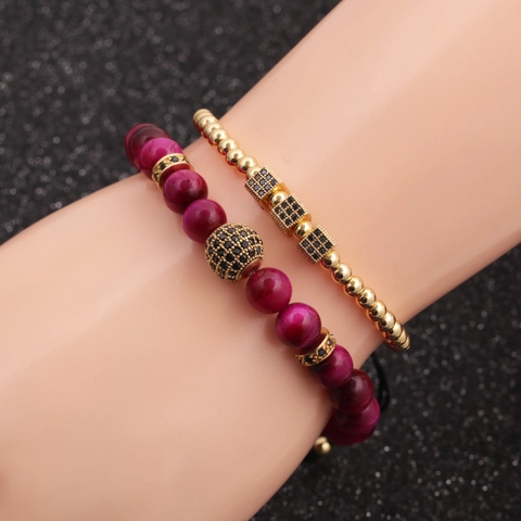 Tiger Eye Gemstone Bracelet Copper Beads Micro Paved Zircon Cube Ball Adjustable Luxury Fashion Jewelry