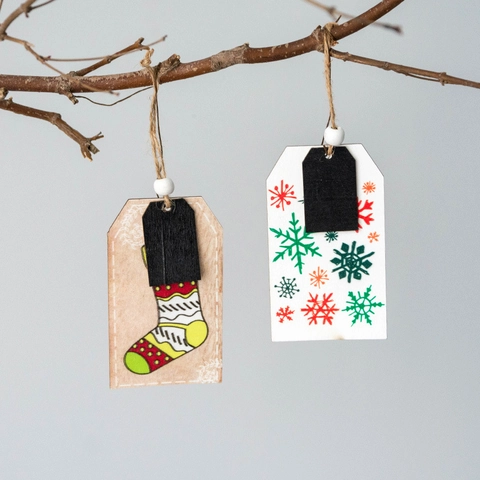 Ornamenti Appesi Natale Etichette Regalo Legno Corda Canapa Perle Babbo Natale Pupazzo Di Neve Renna Rustico Festivo
