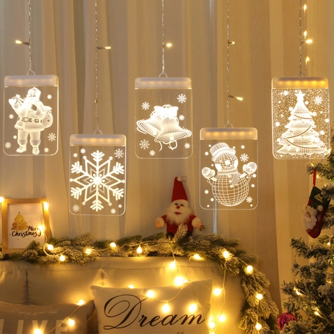 LED Weihnachts Lichterkette 3D Acryl Fenster Vorhang Dekoration USB Betrieben Weihnachtsmann Schneemann Schneeflocke