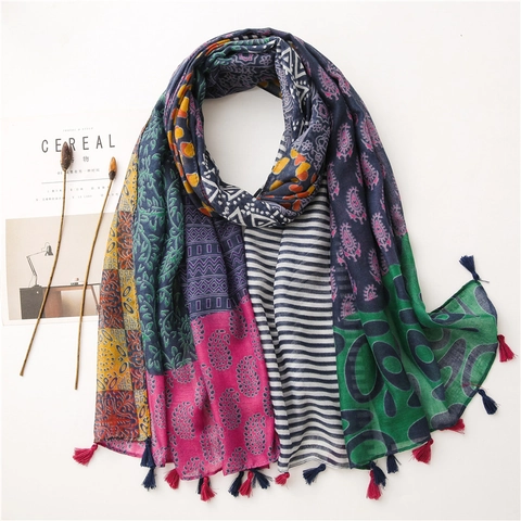 Dames Lange Sjaal Omslagdoek Katoen Linnen Gevoel Polyester Zonbescherming Reis Boho Etnisch Paisley Bloemenprint Kwastjes