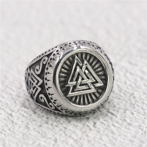 Viking Valknut Ring 316 Stainless Steel Norse Mythology Helm Of Awe Retro Distressed Totem Punk Hip Hop For Men