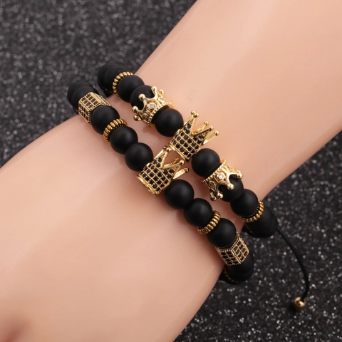 Crown Charm Beaded Bracelet Natural Tiger Eye Stone Agate Lapis Lazuli Adjustable Jewelry For Men Women