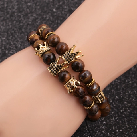 Crown Charm Beaded Bracelet Natural Tiger Eye Stone Agate Lapis Lazuli Adjustable Jewelry For Men Women