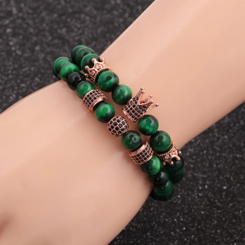 Bracciale Con Perline In Pietra Occhio Di Tigre Ciondolo Corona Sfera Zirconia Cubica Elastico Unisex Gioielli Vintage