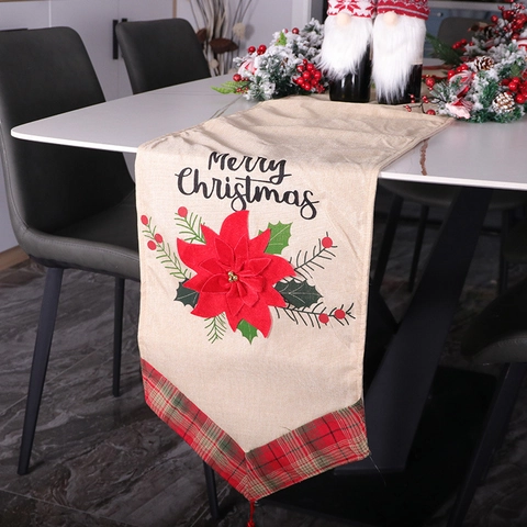 Christmas Table Runner Linen Texture Red Poinsettia Floral Applique Plaid Border Tassels Holiday Dining Table Decor