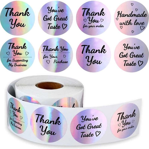 Holographic Thank You Stickers Round Laser Foil Sealing Labels For Small Business Packaging Wedding Gift Decor Shiny Colorful