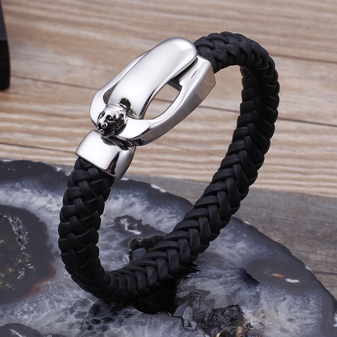 Pulsera De Cuero Trenzado Para Hombre Con Cierre Magnético De Cabeza De León De Acero Inoxidable 316L Punk Vintage
