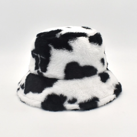 Cow Print Plush Bucket Hat Winter Warm Soft Faux Fur Basin Cap For Women Trendy Outdoor Accessories