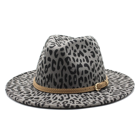 Luipaardprint Fedora Hoed Wollen Vilt Brede Platte Rand Jazz Pet Met Leren Riem Metalen Gesp Mode Voor Dames Heren