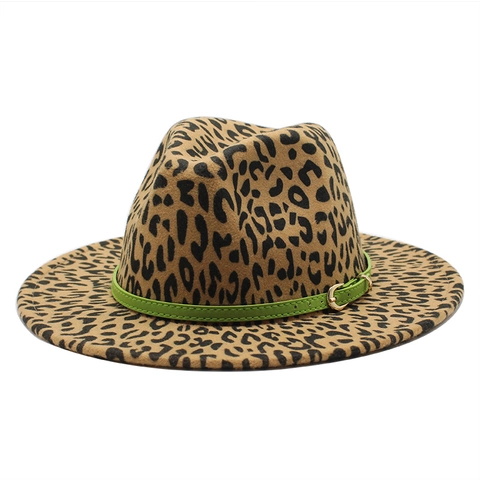 Leopard Fedora Hut Wollfilz Breite Krempe Gürtelschnalle Retro Jazz Stil Unisex Winter Kopfbedeckung
