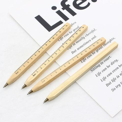 Penna A Sfera In Legno Naturale Con Righello Integrato Cancelleria Funzionale Ufficio Scuola Ecosostenibile