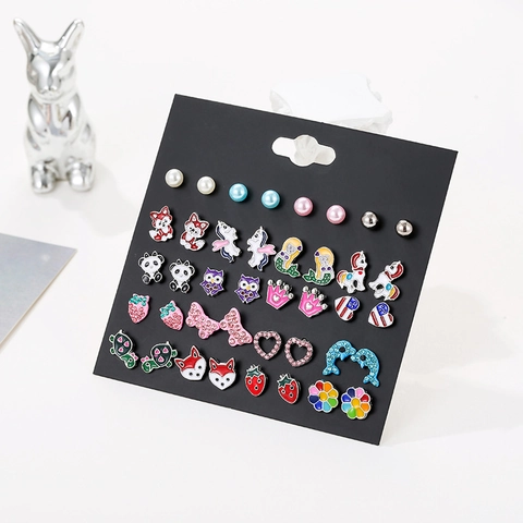Stud Earrings Alloy Resin Cartoon Animal Unicorn Mermaid Butterfly Heart Rhinestone Faux Artificial Pearl Jewelry For Kids Girls