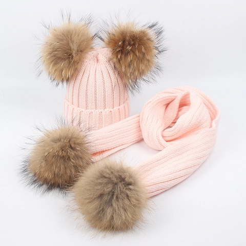 Kids Winter Warm Knitted Beanie And Scarf With Large Faux Fur Pom Poms Soft Thermal Outdoor Accessories For Toddlers