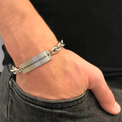 Pulsera De Cadena Con Placa Grabada Inspiradora De Acero Inoxidable Para Hombres Joyería Dream Big Believe Achieve