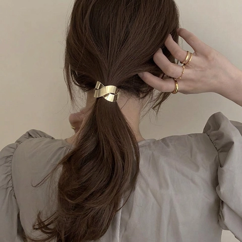 Minimalist Metal Ponytail Cuff Hair Ties Brushed Geometric Alloy Elastic Hair Bands For Women Vintage Hair Accessories