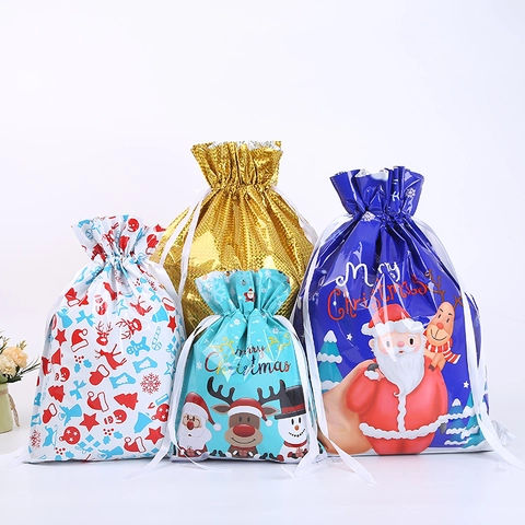 Weihnachts Kordelzug Geschenktüten Glänzende Metallic Kunststoff Folie Party Verpackung Bänder Cartoon Weihnachtsmann Muster
