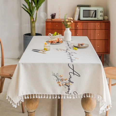 Nordic Minimalist Cotton Linen Tablecloth With Tassels Floral Print Artistic Letters Rectangular Decorative Table Cover