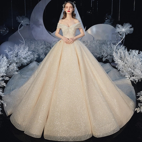 Off-Shoulder Hochzeitskleid Champagner Französisch Sternen Sequined Große Schleppe Hohe Taille Elegante Ballkleid Brautkleid