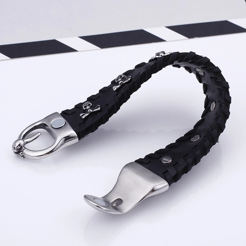 Breites Punk Totenkopf Armband Für Herren Mit 316L Edelstahl Schnalle Und Echtleder Geflochtenem Biker Stil