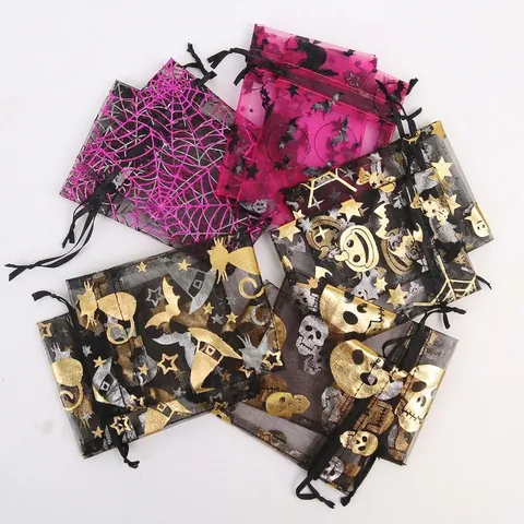 Halloween Drawstring Gift Bags Organza Mesh Pouches Gold Stamped Skull Spider Web Bat Pattern Party Favors Jewelry Storage