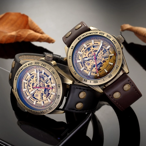 Men's Automatic Mechanical Watch Skeleton Dial Industrial Retro Bronze Case Leather Rivet Strap Tachymeter Waterproof