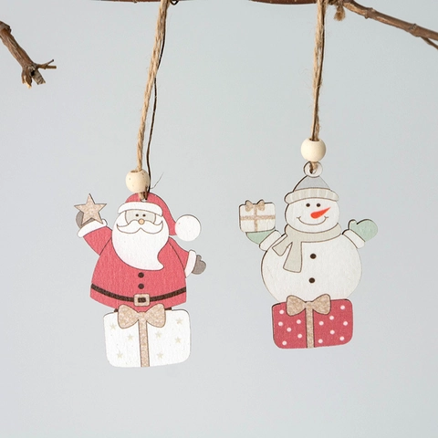 Ornements De Noël En Bois Pendentifs Père Noël Bonhomme De Neige Perles En Bois Corde De Chanvre Décoration De Sapin Festive