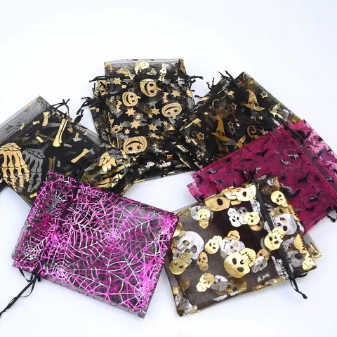 Halloween Drawstring Gift Bags Organza Mesh Fabric Gold Silver Foil Print Pumpkin Bat Spider Web Jewelry Packaging