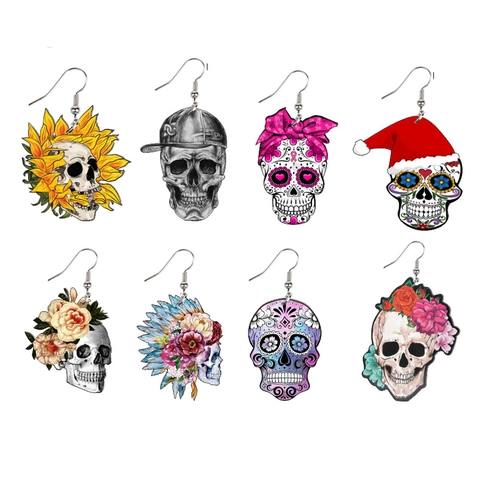Acryl Halloween Totenkopf Ohrhänger Bunte Sugar Skull Floral Gothic Punk Neuheit Tag Der Toten Party Schmuck