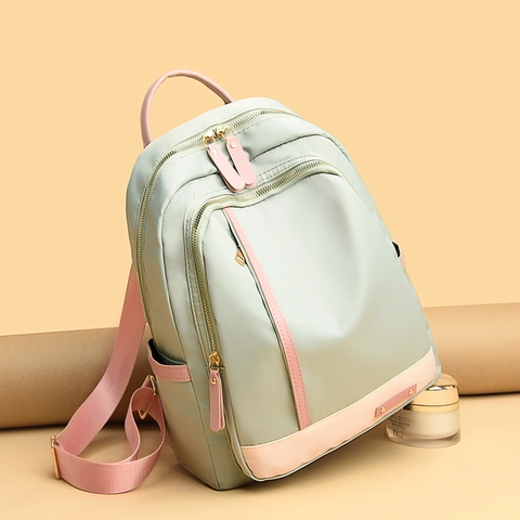 Women Fashion Backpack Large Capacity Waterproof Nylon School Bag Casual Travel Rucksack Pink Contrast Color