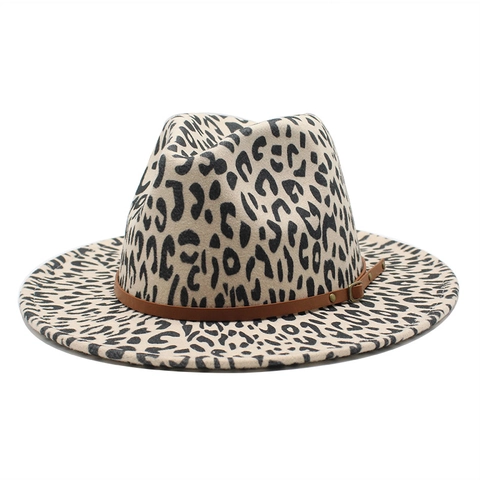 Leopard Print Fedora Hat Woolen Felt Wide Brim Jazz Hat With Faux Leather Belt For Men Women British Vintage