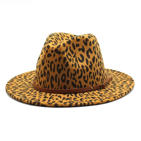 Leopard Print Fedora Hat Woolen Felt Wide Brim Jazz Hat With Faux Leather Belt For Men Women British Vintage