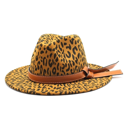 Leopard Print Fedora Hat Woolen Felt Wide Brim With Leather Belt Vintage Jazz Cap For Men Women