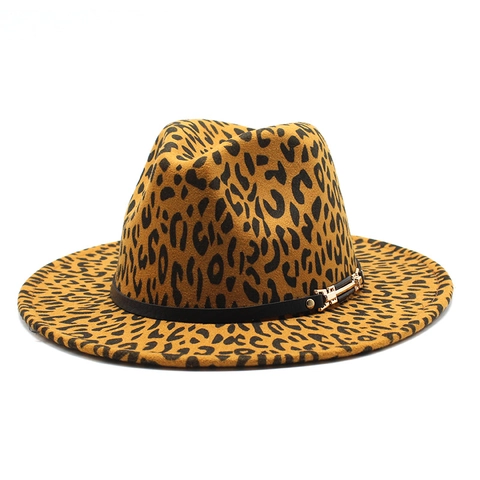 Chapeau Fedora Imprimé Léopard Feutre De Laine Large Bord Plat Jazz Cap Avec Ceinture En Cuir Boucle Métal Style Vintage Homme Femme