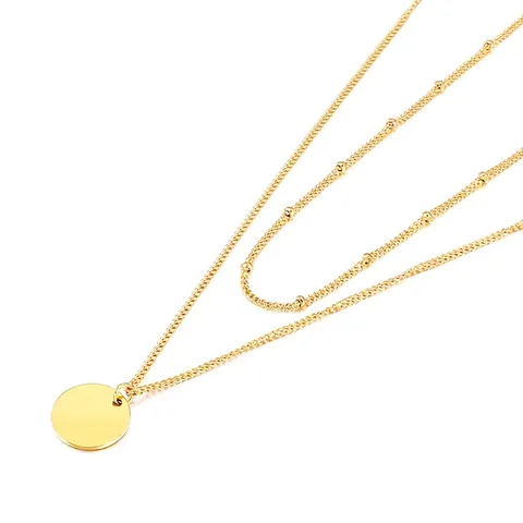 Double Layer Necklace Stainless Steel Circular Disc Pendant Satellite Bead Chain Minimalist Geometric Fashion Jewelry