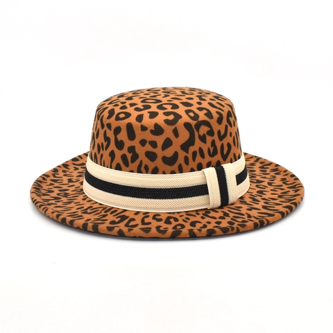 Leopard Print Wollfilz Flachkopf Fedora Hut Damen Breitkrempiger Gestreifter Band Dekor Herbst Winter Boater Jazz Hut