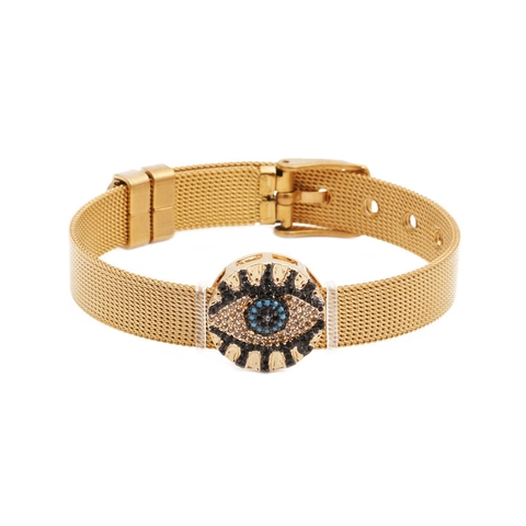 Bracelet En Maille Acier Inoxydable Mauvais Oeil Avec Incrustation Cuivre Zircon Style Bracelet De Montre Réglable
