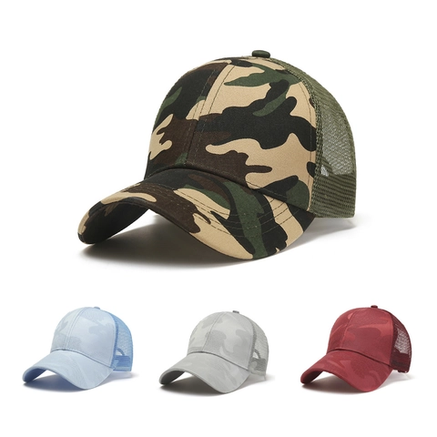 Camouflage Mesh Baseball Cap Cotton Polyester Breathable Trucker Hat With Ponytail Hole Outdoor Sun Sport For Women Men