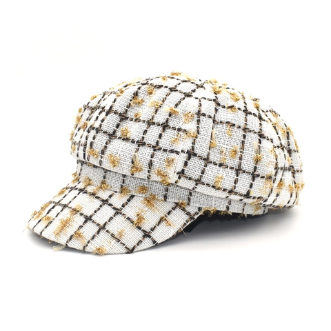 Berretto Newsboy Vintage Da Donna Tweed Motivo A Griglia Con Accenti In Filo D'oro Elegante Stile Britannico Cappello Ottagonale