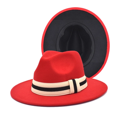 Cappello Fedora Feltro Di Lana Bicolore Fodera A Contrasto Tesa Larga Nastro A Righe Unisex Stile Jazz Vintage