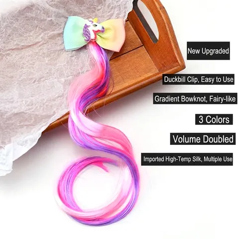 Girls Hair Clips With Long Rainbow Synthetic Hair Extensions Gradient Ribbon Bow Unicorn Mermaid Hairpins Accessory