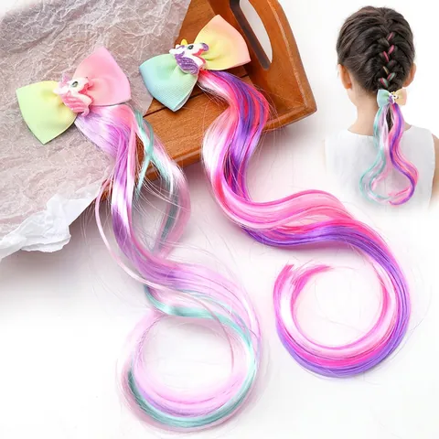 Girls Hair Clips With Long Rainbow Synthetic Hair Extensions Gradient Ribbon Bow Unicorn Mermaid Hairpins Accessory