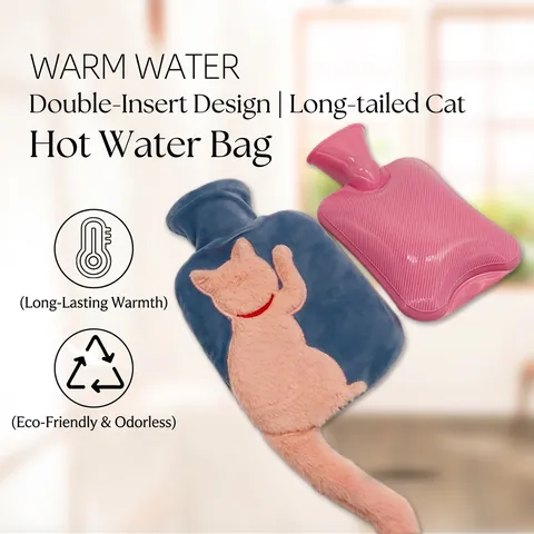 Hot Water Bottle With Faux Fur Plush Cover Cute Long Tail Cat Design Double Hand Insert Removable Washable PVC Liner Warmth