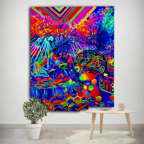 Psychedelic Trippy Mushroom Tapestry Polyester Abstract Face Forest Wall Hanging Decor For Bedroom Living Room Boho Hippie Art
