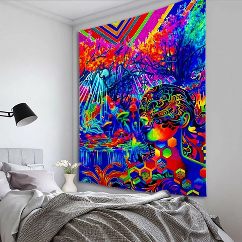 Psychedelic Trippy Mushroom Tapestry Polyester Abstract Face Forest Wall Hanging Decor For Bedroom Living Room Boho Hippie Art