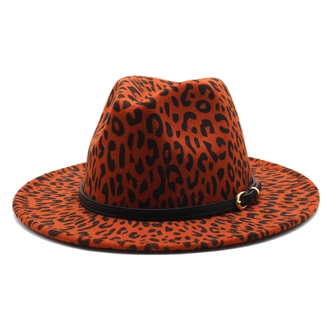 Sombrero Fedora Estampado Leopardo Fieltro De Lana Ala Ancha Jazz Con Banda De Cuero Hebilla Metal Estilo Vintage