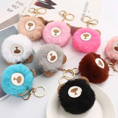 Cute Bear Pom Pom Keychain Bag Pendant With Faux Fur PU Leather Ears And Alloy Gold Clasp Kawaii Soft Backpack Hanging Decor