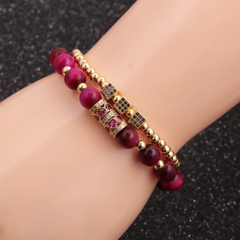 Pulsera De Cuentas De Ojo De Tigre Fucsia Y Cubo De Circonita Micro Pavé Cuenta De Cobre Joyería De Moda De Lujo